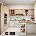 Modern Light Colored Kitchen Cabinets With Glass Fronted Wall Units And Countertop Fruits