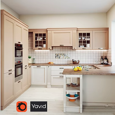 Modern Light Colored Kitchen Cabinets With Glass Fronted Wall Units And Countertop Fruits 3d model