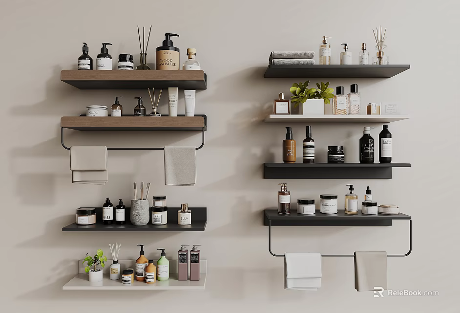 Bathroom Accessories Organized on Wall Shelves with Bottles Containers Towels and Green Plants 3d model 