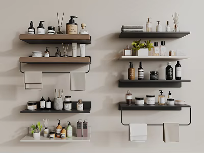 Bathroom Accessories Organized on Wall Shelves with Bottles Containers Towels and Green Plants 3d model