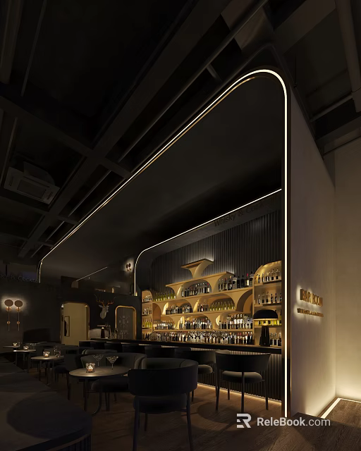 Modern Bar Interior With Dark Tones And Illuminated Wine Shelves 3d model 