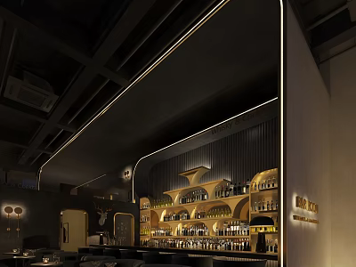 Modern Bar Interior With Dark Tones And Illuminated Wine Shelves 3d model