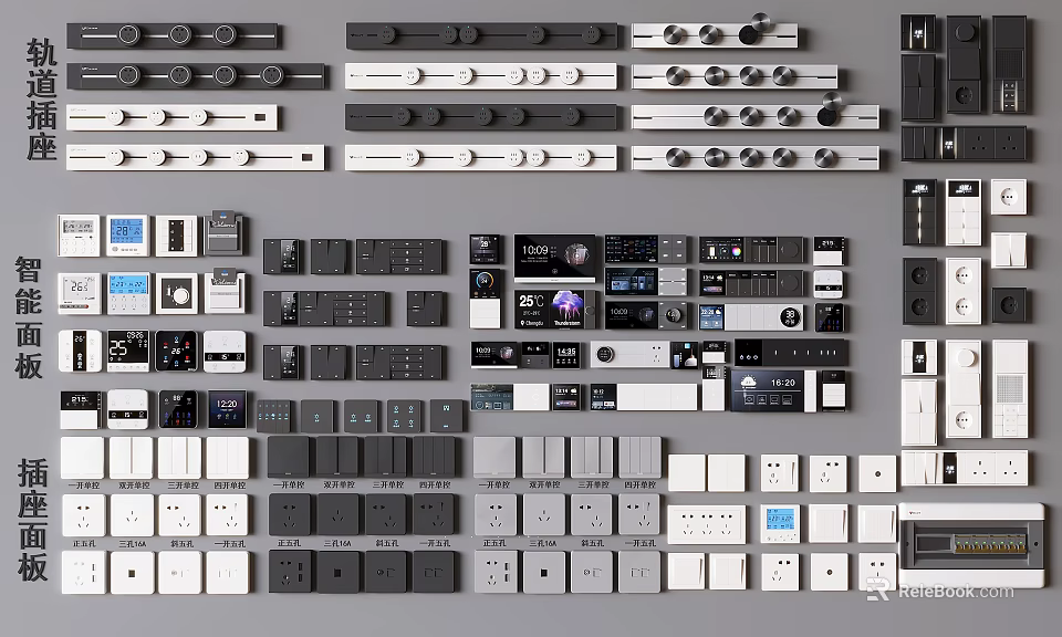 Various Modern Switch Panels In Black White Gray With Sleek Design And Controls 3d model 