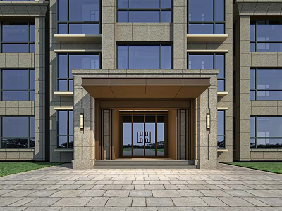 Modern Building Entrance Gate With Glass Door Stone Facade And Wall Lamps 3d model