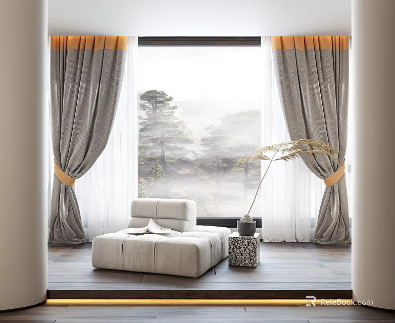 Gray Curtains With Gold Ties In Bright Room Overlooking Pine Trees And Misty View 3d model 