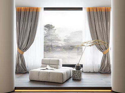 Gray Curtains With Gold Ties In Bright Room Overlooking Pine Trees And Misty View 3d model