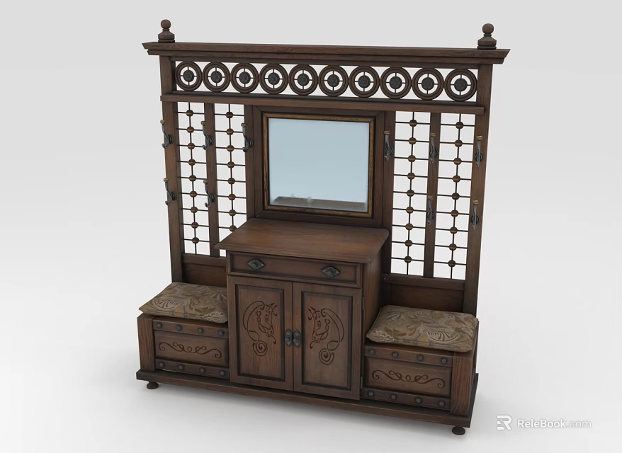 Chinese Style Dressing Table with Carved Mirror Lattice Screen Drawers and Upholstered Benches 3d model 