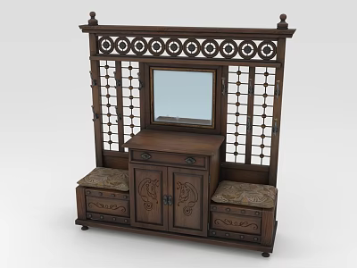 Chinese Style Dressing Table with Carved Mirror Lattice Screen Drawers and Upholstered Benches 3d model