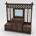Chinese Style Dressing Table with Carved Mirror Lattice Screen Drawers and Upholstered Benches