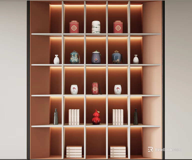 Tea Set Display on Illuminated Multi Tiered Shelves with Teapots Teacups Red Boxes and Books 3d model 