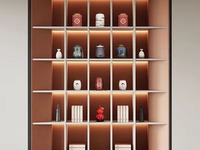 Tea Set Display on Illuminated Multi Tiered Shelves with Teapots Teacups Red Boxes and Books 3d model