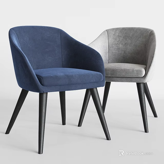 Modern Blue And Gray Velvet Accent Chairs With Black Wooden Legs 3d model 