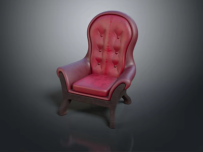 Red Leather Armchair Featuring Button Tufted Details and Sturdy Wooden Legs 3d model