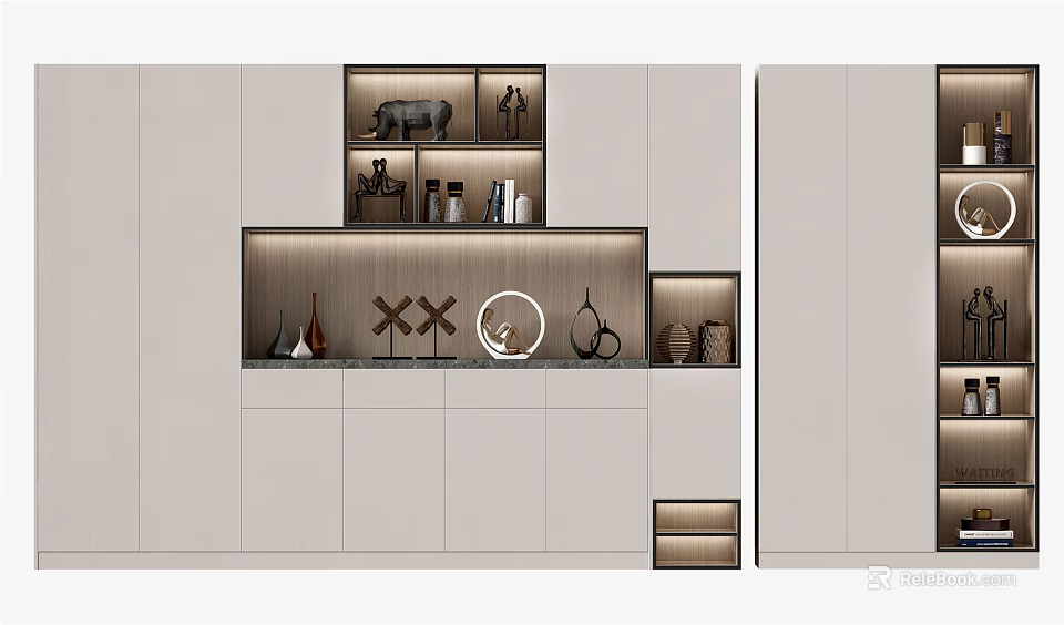 Modern Decorative Cabinet Design With Layered Storage Compartments And Decorative Items 3d model 