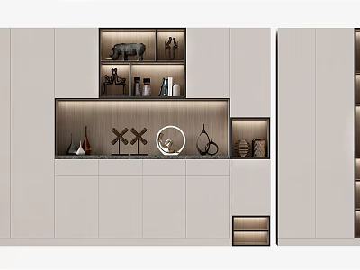Modern Decorative Cabinet Design With Layered Storage Compartments And Decorative Items 3d model