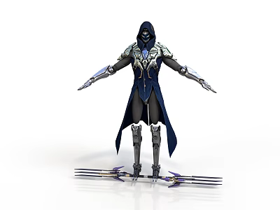 Hooded Armored Character In Blue And Silver Armor With Outstretched Arms And Weapons At Feet 3d model