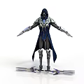 Hooded Armored Character In Blue And Silver Armor With Outstretched Arms And Weapons At Feet