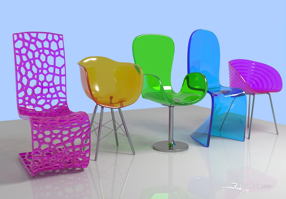 Modern Stylish Single Chairs with Perforated and Curved Designs in Transparent Plastic and Vibrant Hues 3d model 