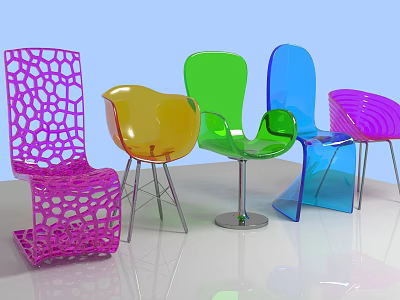 Modern Stylish Single Chairs with Perforated and Curved Designs in Transparent Plastic and Vibrant Hues 3d model