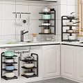Kitchenware Organization In Modern Kitchen With Multi Layer Storage Rack And Pots Dishes