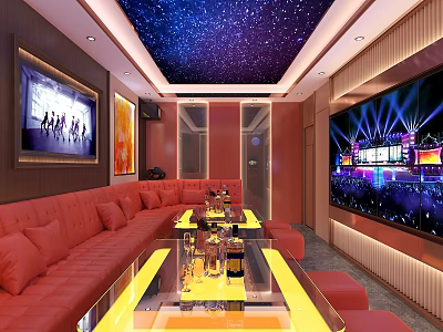 Modern KTV Interior With Starry Sky Ceiling Red Sofas And Large Screen 3d model