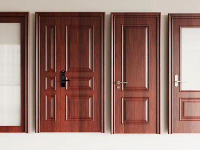Hinged Wooden Doors With Dark Brown Finish And Various Panel Designs Including Glass Inserts 3d model