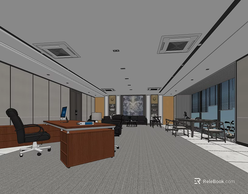 Spacious Office Interior Design With Wooden Desk Black Office Chair Conference Table And Gray Carpet 3d model 