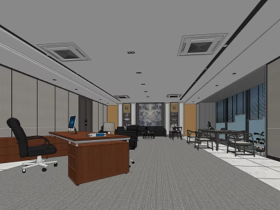 Spacious Office Interior Design With Wooden Desk Black Office Chair Conference Table And Gray Carpet 3d model