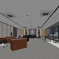 Spacious Office Interior Design With Wooden Desk Black Office Chair Conference Table And Gray Carpet