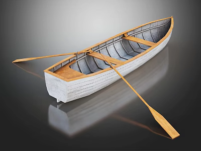 Wooden Canoe With Wooden Seats And Paddles On Dark Background With Reflection 3d model