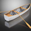 Wooden Canoe With Wooden Seats And Paddles On Dark Background With Reflection