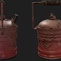 Vintage Red Diesel Can with Wooden Handle and Rusty Surface on Dark Background