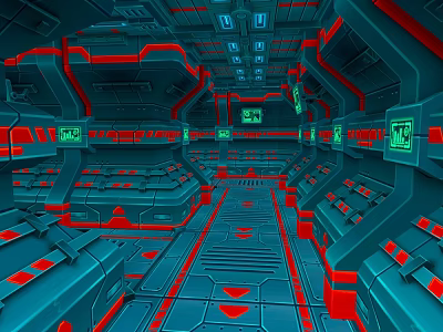 Cartoon Scene Futuristic Sci Fi Spaceship Interior With Blue Red Accents 3d model