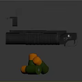 Modern Black Shotgun With Green And Orange Ammunition Isolated On Gray Background