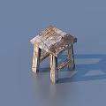 Rustic Wooden Stool With Weathered Surface And Simple Four Leg Design 3d model