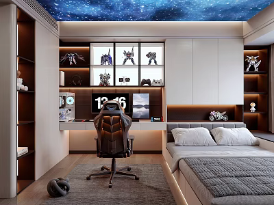 Modern Tatami Bedroom Interior with Celestial Ceiling Desk Ergonomic Chair and Models 3d model