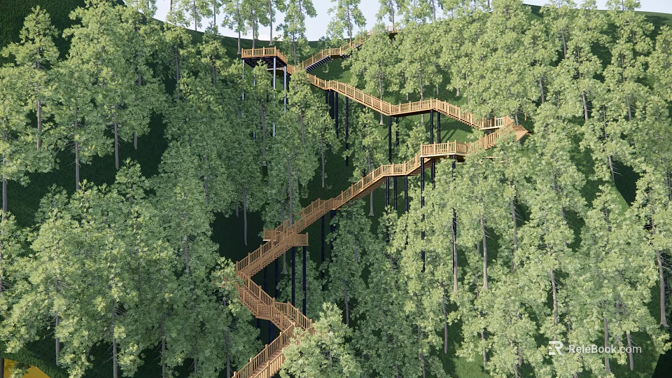 Park Landscape with Winding Wooden Walkway Among Lush Green Trees 3d model 
