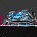 Modern Commercial Complex Featuring Large Digital Screen Blue White Square Facade And Vibrant Pedestrian Area