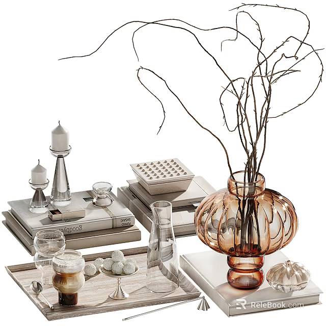 Elegant Decorative Ornament Set With Glass Vase Twigs Candle Holders And Books 3d model 