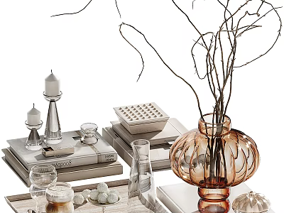 Elegant Decorative Ornament Set With Glass Vase Twigs Candle Holders And Books 3d model