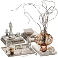 Elegant Decorative Ornament Set With Glass Vase Twigs Candle Holders And Books