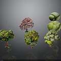 Colorful Decorative Tree Scene Components With Various Shapes And Green Pink Foliage