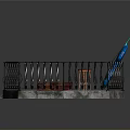 Round Stone Platform Scene With Black Iron Railing Blue Cello Red Stool And Dog Bed