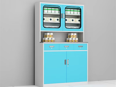 Blue Storage Cabinet With Glass Doors Drawers And Upper Storage Compartments 3d model