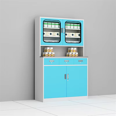 Blue Storage Cabinet With Glass Doors Drawers And Upper Storage Compartments 3d model