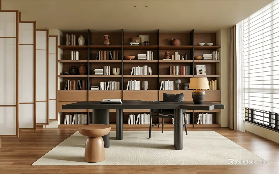 Cozy Study Room Interior With Bookshelves Books Desk Table Lamp And Chair 3d model 