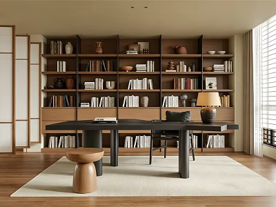 Cozy Study Room Interior With Bookshelves Books Desk Table Lamp And Chair 3d model