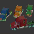 Four Colorful Toy Truck Models Blue Orange Green Red Arranged On Dark Reflective Surface