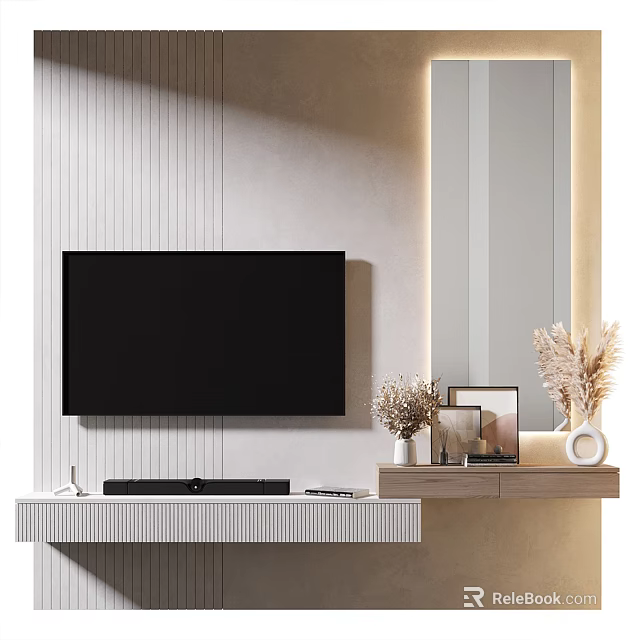 Modern Light Colored TV Background Wall With Vertical Stripes Media Console And Decorative Items 3d model 