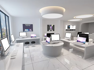 Modern Electronics Retail Store with Laptops on White Display Counters and Bright Lighting 3d model